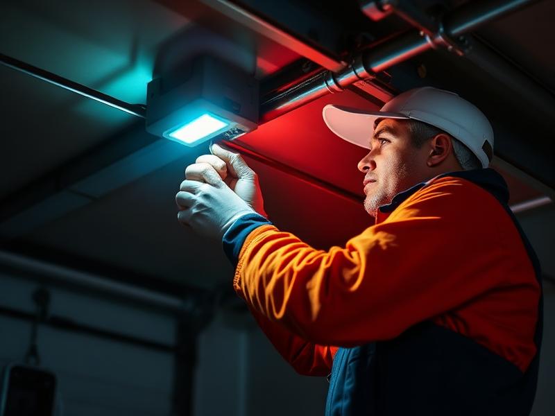 Emergency garage door repair technician working at night