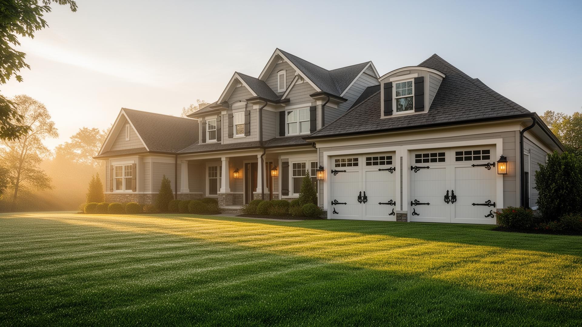 Beautiful suburban home with carriage-style garage doors featuring decorative iron hardware